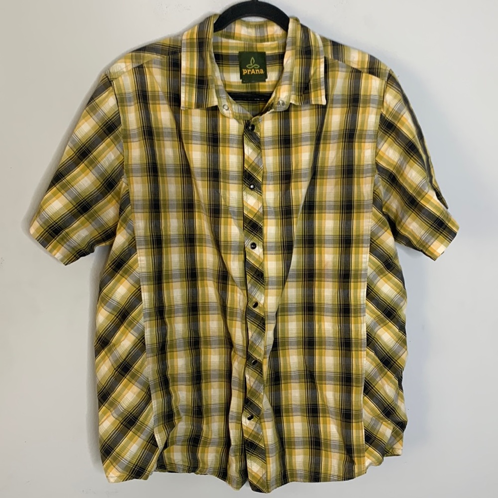 Prana black and yellow plaid pearl snap shirt L